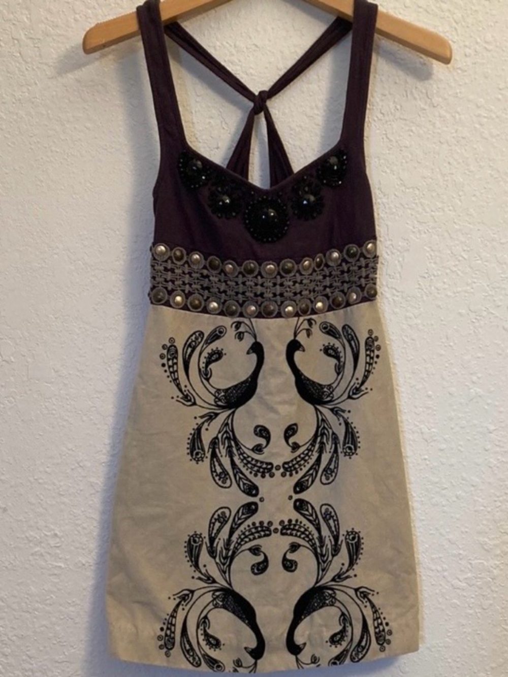 FREE PEOPLE peacock beaded printed mini dress. Sz 0
